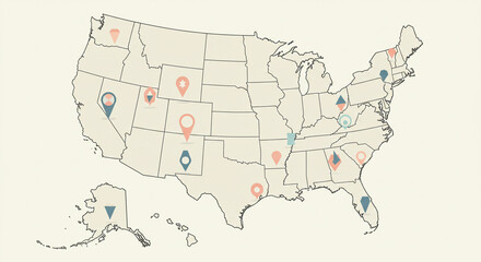 Us states location map with various markers representing different points of interest