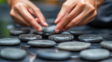 Close-up view of hands carefully placing smooth stones.