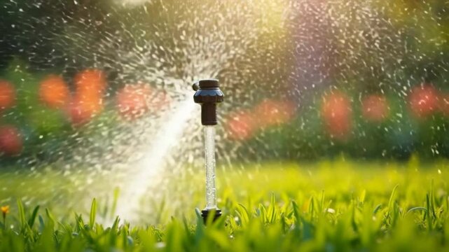 Close-up of watering the garden, grass and flowers in the Park, water drops in the sunlight. Automatic watering system for the grass and flowers. Drops of water are splashed in the sunlight. 2