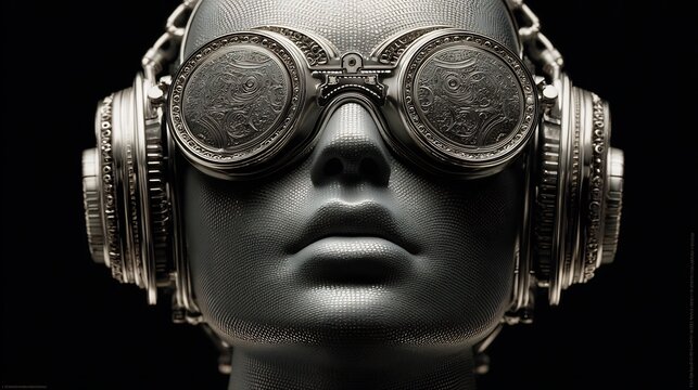 Futuristic mannequin wearing ornamental goggles and headphones against black - Powered by Adobe