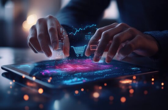 Hands interacting with a digital tablet displaying a shopping cart graphic overlaid with financial data