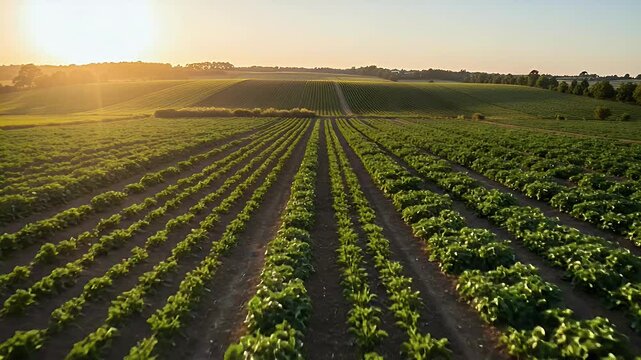 Expansive view of lush green fields at sunset, showcasing rows of crops with a dirt path leading through the landscape