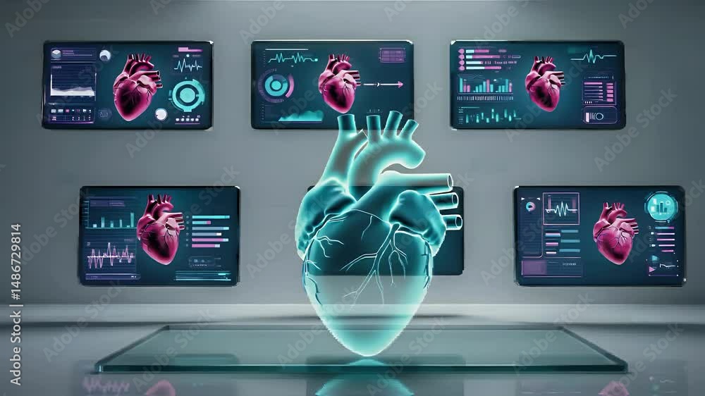 Poster blue heart hologram with data analysis displayed on gray background for technological medical insigh