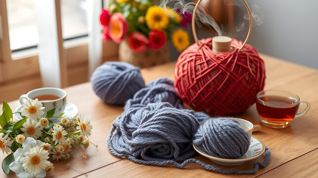 Steaming Ball of Yarn on Wooden Table with Flowers and Tea