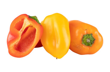 Fresh sweet paprika, yellow, orange, red cut out isolated transparent background
