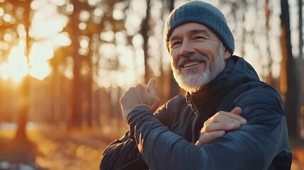 Happy mature man enjoying outdoor activity in forest