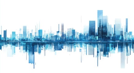 A panoramic cityscape, rendered in shades of blue, features skyscrapers and buildings stretching across the horizontal plane
