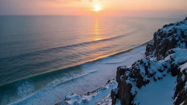 View from a drone on a snow-covered rocky seashore at sunset