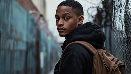 Young man with urban alley, and backpack.