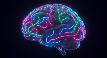 Illuminated Human Brain Concept with Vibrant Neon Neural Pathways Illustration