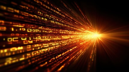 Dynamic Stream of Glowing Binary Code and Light Rays Illustrating Technology Concept in Dark Background with Digital Aesthetic