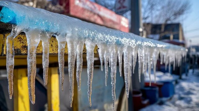 Icicles Hanging from a Rusty Metal Structure in Winter