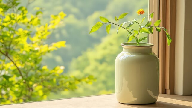 Fototapeta Glossy Black Ceramic Vase with Single Orange Marigold Flower and Green Leaves on Windowsill