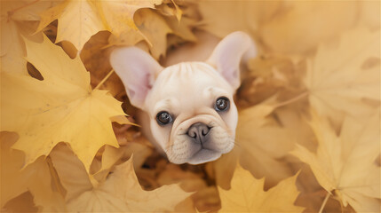 秋の紅葉した落ち葉に囲まれた子犬