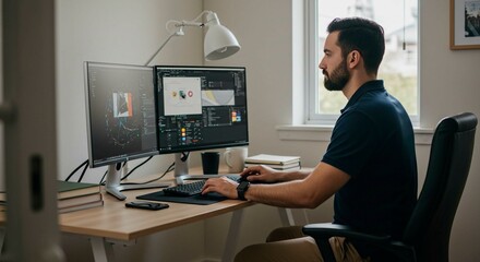Man works on two computer monitors at a desk in a home office