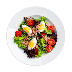 Delicious Tuna  Salad with Tomatoes, Olives and a Hard Boiled Egg Isolated on a Transparent Background
