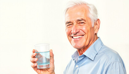 Elderly man smiling while holding a glass of water indoors
