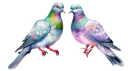 Obraz premium Watercolor Iridescent Pigeon Birds Clipart — Hand-Painted Urban Bird Illustration on Transparent Background