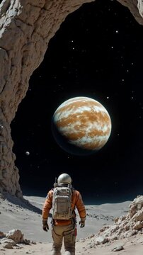 Astronaut Exploring Alien Landscape Under Rocky Arch with Gas Giant in Starry Space Sky