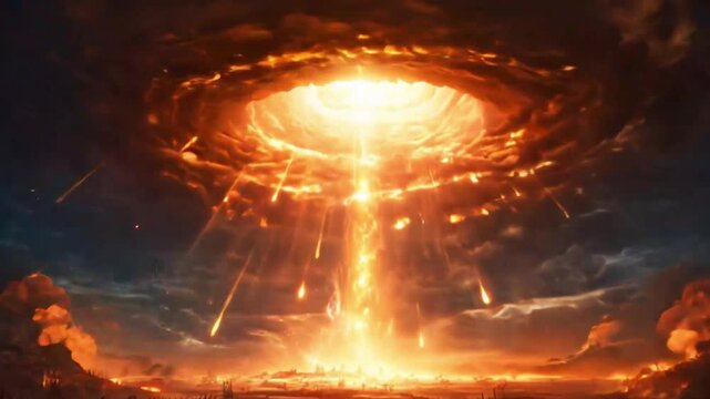 Blazing Celestial Impact Illuminates Volcanic Terrain Under Dramatic Skies in a Fiery Apocalyptic Landscape