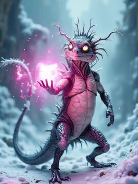 Fantasy Lizard Creature Casting a Magical Energy Spell in a Frozen Enchanted Forest with Glowing Eyes and Pink Power Orb