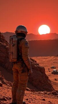 Futuristic Astronaut Standing on Red Martian Terrain Watching Distant Sunset with Rovers and Rocky Horizon