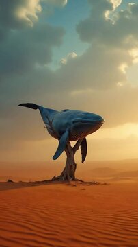 Surreal Desert Landscape Featuring Blue Whale Perched on Tree at Sunset with Dreamlike Atmosphere
