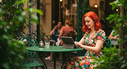 Woman with red hair using a tablet at an outdoor cafe