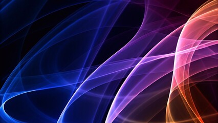 Obraz premium Abstract fractal background with flowing curves of light in purple, blue, and orange on a dark backdrop.