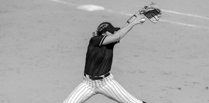Softball Pitcher Pitching Baseball Windup Action Female Athlete Sports Black And White Banner Header