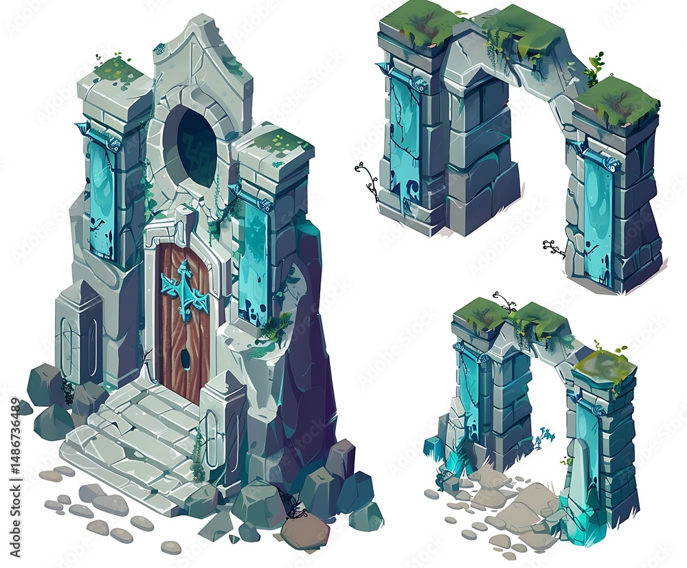 Poster ancient stone portal and arches with pixelated design on isolated background