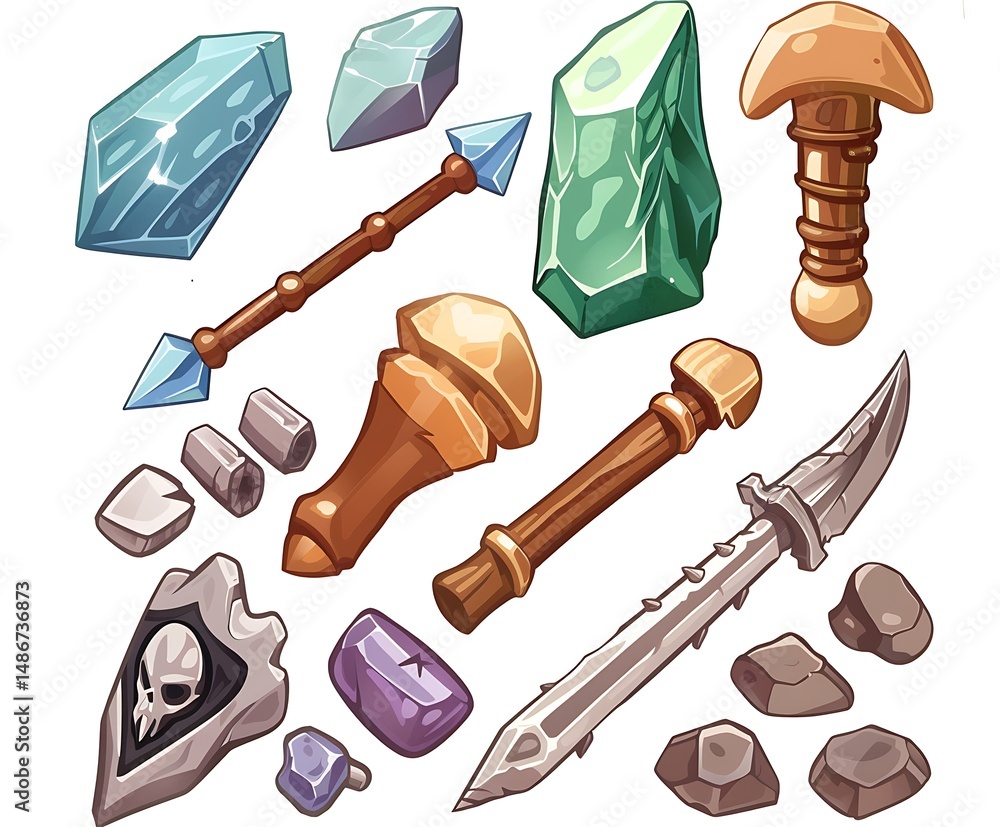 Poster assortment of pixelated fantasy weapon and gem objects on a white background