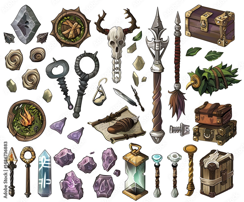 Poster Assortment of Pixelated Fantasy Objects Featuring Treasure Chests and Magical Items