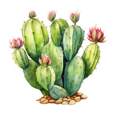 Fototapeta premium Watercolor Cactus with Flowers Clipart — Hand-Painted Succulent Plant Illustration on Transparent Background