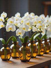 Elegant white orchid flowers in amber glass bottles arranged in a row on a wooden table, creating a minimalist floral display with soft lighting and a warm natural tone
