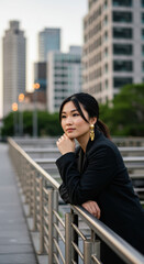 Contemplative Asian Woman in Cityscape: Portrait of Elegance & Urban Reflection. Stylish Black Blazer, Gold Earrings, Sophisticated Ambience.