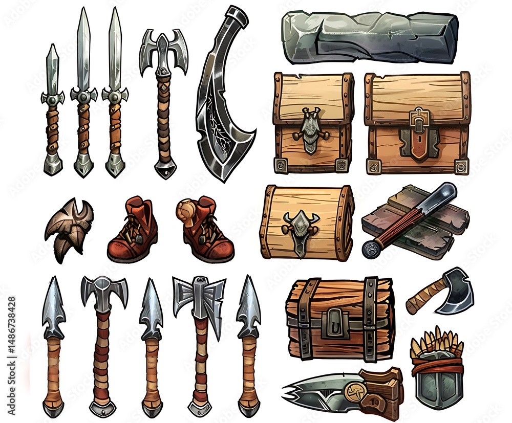 Poster Collection of Assorted Weapons and Tools on White Background