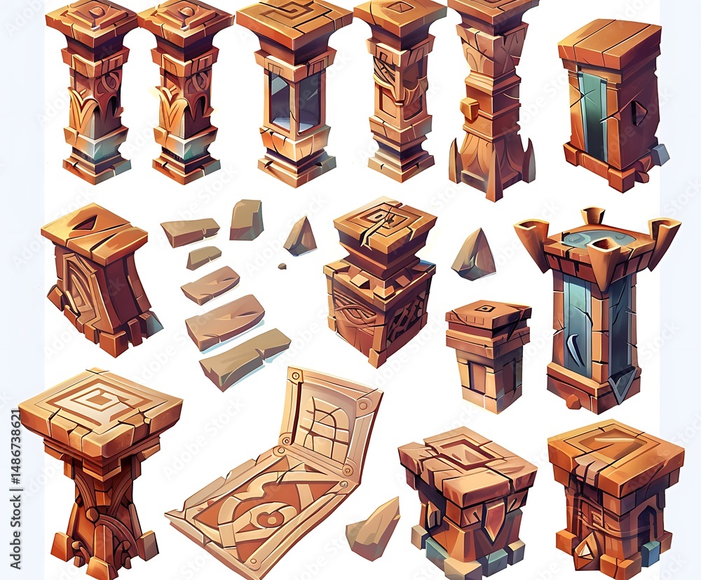 Poster collection of isometric brown stone columns and architectural elements isolated