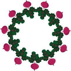 Circular frame made with vector beetroots. Suitable for labels, invitations, logos, and compositions with healthy food or farming themes.