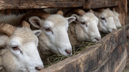 Close-up of several sheep eating hay in a wooden trough, farm animals
