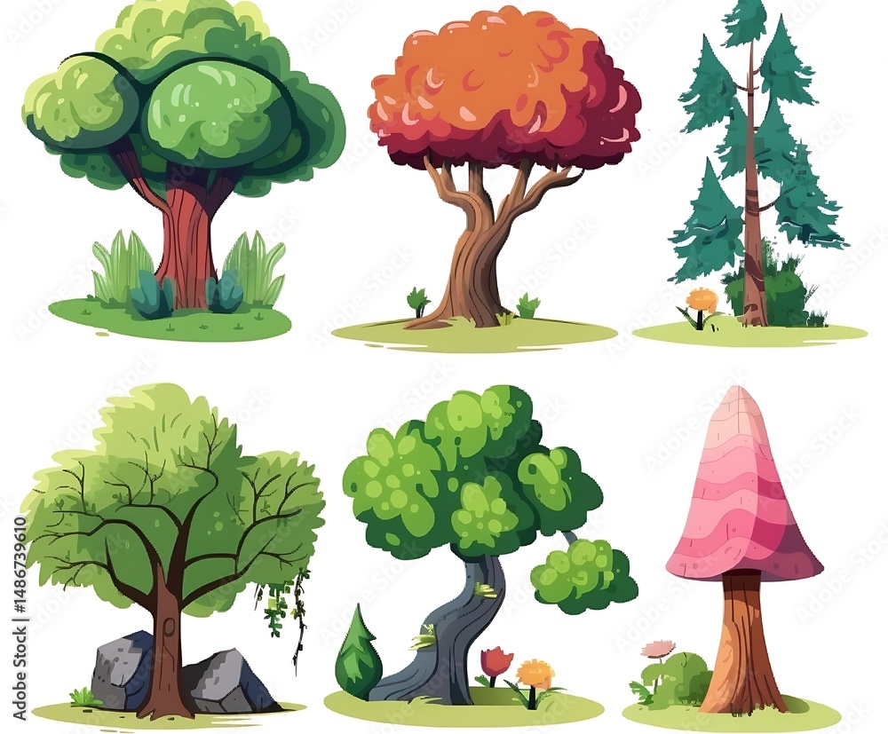 Poster collection of stylized pixelated trees in various shapes and colors isolated