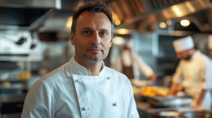 Fototapeta premium A middle-aged male chef poses confidently in a bustling professional kitchen, showcasing the dedication and artistry involved in culinary creation.