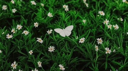 White butterfly on green meadow.