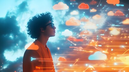 A man looking at digital clouds and data streams with an orange shirt on