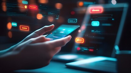 Person holding a phone with laptop and glowing interface elements in the dark