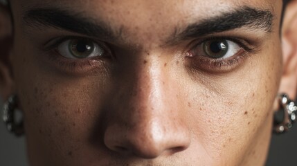 Intimate close-up of a man's face, his eyes and expression draw focus in this detailed portrait.