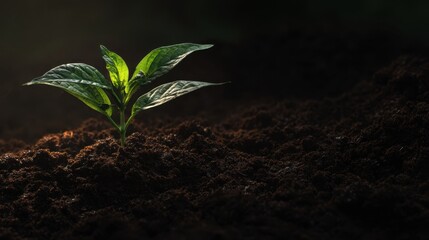 Fresh green plant sprouting from dark soil, illuminated by soft light in a serene natural environment, symbolizing growth and new beginnings