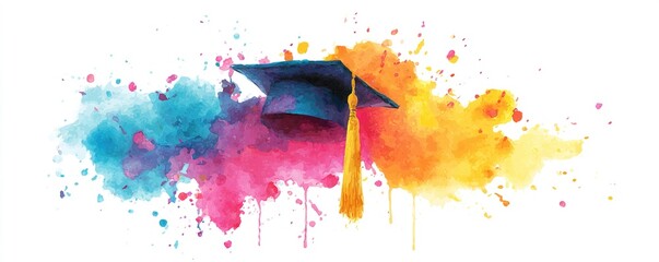 A vibrant watercolor illustration of a graduation cap, symbolizing achievement and academic success with colorful splashes. High quality