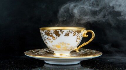 Elegant porcelain teacup and saucer with swirling gold accents.
