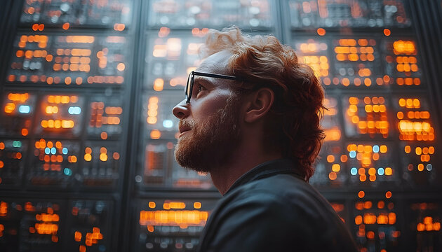 Focused redhead with glasses gazes at complex control panel with